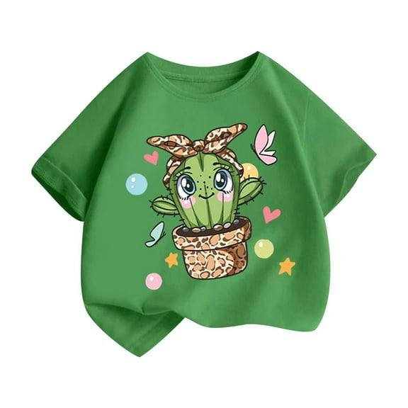 Girls Summer Tops Loose Fit T-Shirt Short Sleeve Cartoon Graphic Tees Cotton Cute Casual Summer Clothes, Army Green, 8 Years