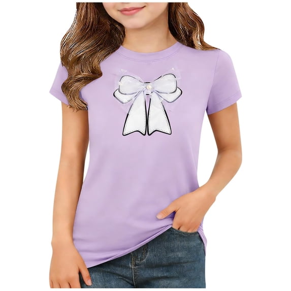 Girls' Summer Tops Mesh Bowknot Cute T-shirts Crewneck Short Sleeve Casual Plain Tees Tshirts (5-6 Years, Purple)