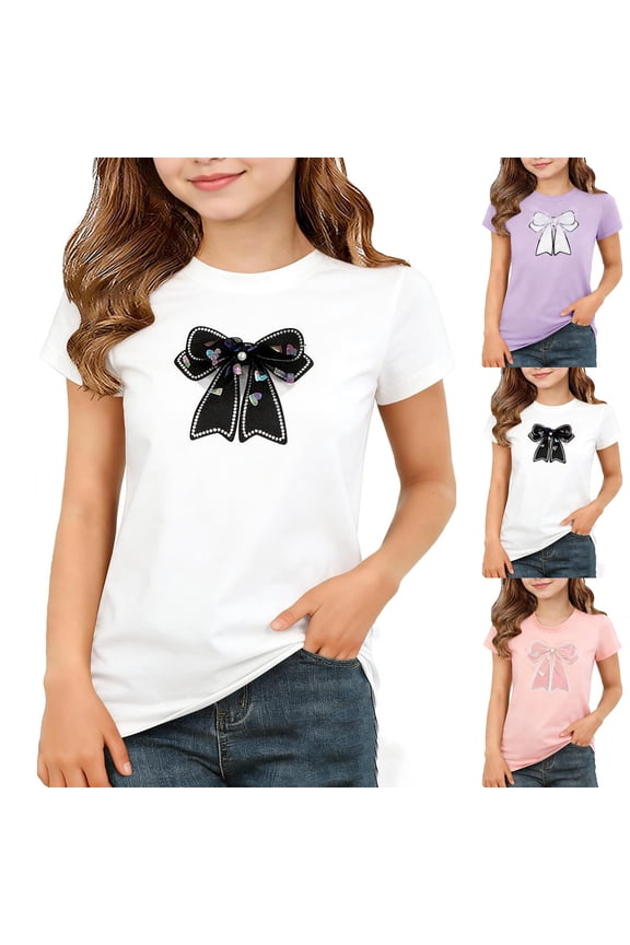 Girls' Summer Tops Mesh Bowknot Cute T-shirts Crewneck Short Sleeve Casual Plain Tees Tshirts (5-6 Years, White)
