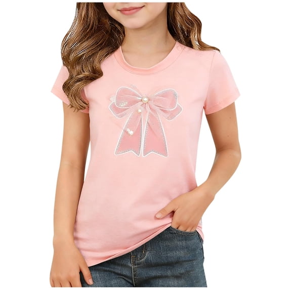 Girls' Summer Tops Mesh Bowknot Cute T-shirts Crewneck Short Sleeve Casual Plain Tees Tshirts (7-8 Years, Pink)