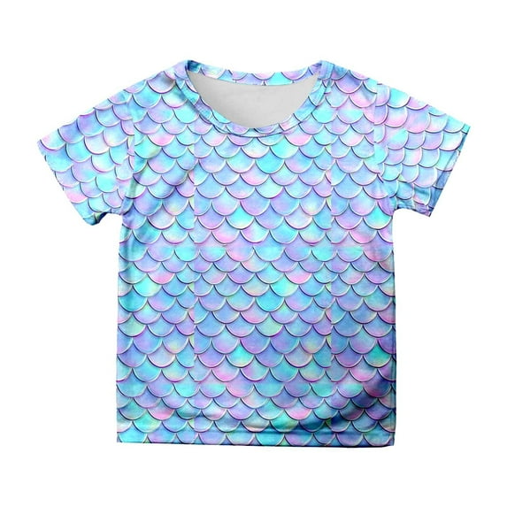Girls Summer Tops Multicolor Fish Scale Print Short Sleeve Loose Soft Blouse T-Shirt Classic Fit Back To School Birthday Casual Summer Tops Light Blue,120
