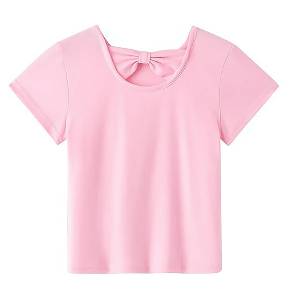 Girls Summer Tops Short Sleeve Tee With Back Bow Design Casual Round Neck Shirt Soft Comfortable For Kids Outdoor Everyday Wear,Size:5-6 Years