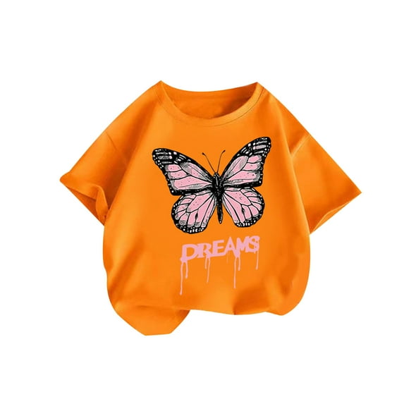 Girls Summer Tops Size 6 Loose Fit T-Shirt Short Sleeve Butterfly Graphic Tees Cotton Cute Casual Summer Clothes, Orange, 8 Years