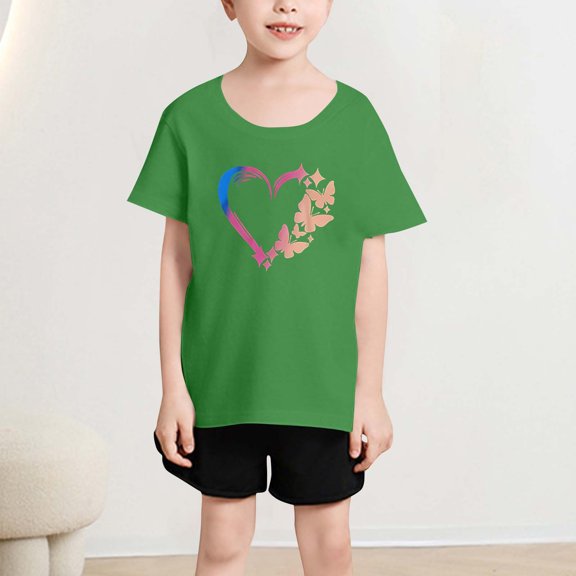 Girls Summer Tops Size 7/8 Loose Fit Graphic Tees Short Sleeve Cotton Heart Cute Blouses Casual Going Out Outfits, Green, 2 Years