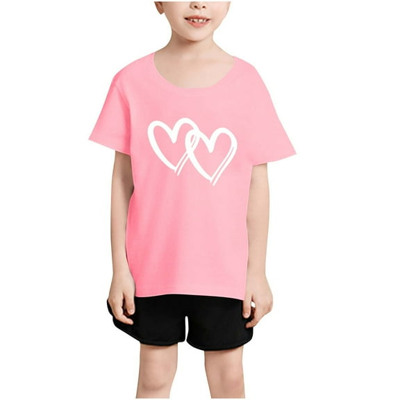 Girls Summer Tops Size 7/8 Loose Fit Graphic Tees Short Sleeve Cotton Heart Cute Blouses Casual Going Out Outfits, Pink, 8 Years