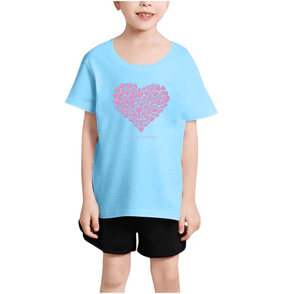 Girls Summer Tops Size 7/8 Short Sleeve Heart Graphic Tees Loose Fit Cotton Cute Blouses Casual Going Out Outfits, Blue, 12 Years