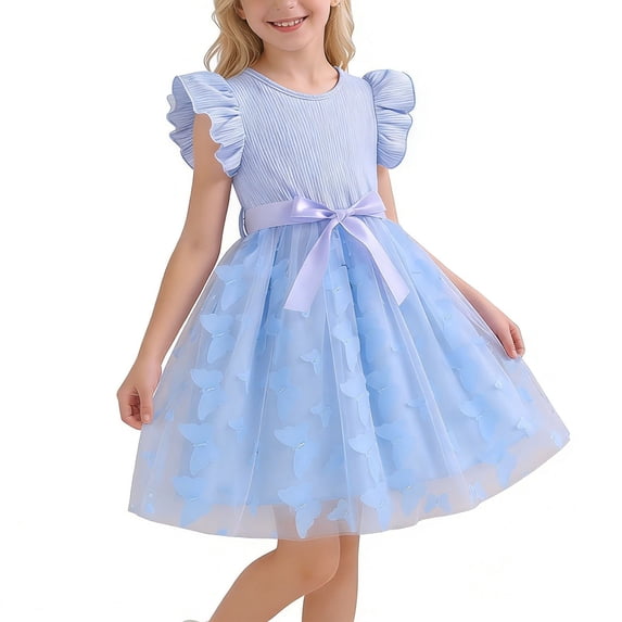 Girls Summer Tulle Dresses Ruffle Sleeve Princess Mesh Puffy Dress Semi Formal Wedding Guest Dress for Girl ( Blue, 6-7 Years )