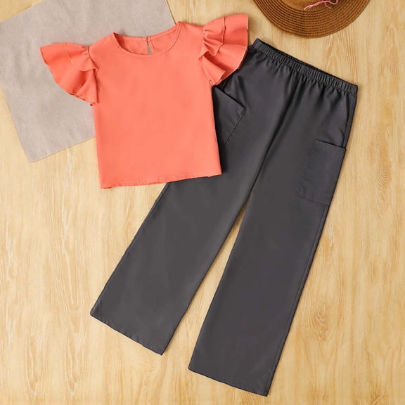 Girls Summer Two Piece Outfit Sleeveless Woven Top and Cargo Pocket Pants Toddler Kids Clothing Set