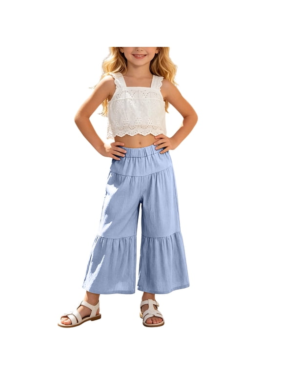 Girls Summer Two Piece Sets Cropped Lace Tank Tops Ruffle Hem Culotte Pants Outfits for Beach Travel Blue 5Y