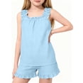 thumbnail image 1 of Girls Summer Vest Shirts Shorts Sets Sleeveless Ruffle Trim Tank Tops Shorts Beach Vacation Outfits Blue 15-16 Years, 1 of 9
