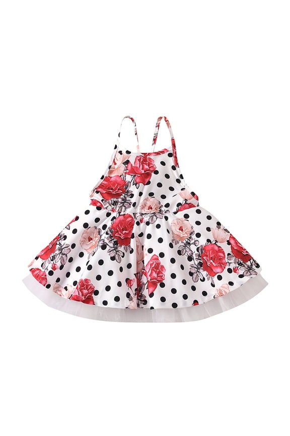 Girls Summer White Dresses Kids Suspenders Floral Polka Dot Clothes Girls Fancy Dress
