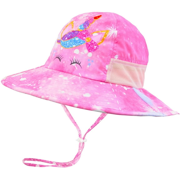 Girls Sun Hat for Kids UV Protection Unicorn Summer Hat Beach Play Hats Wide Brim Neck Flap for Girls Ponytail Hat 3-8 Years