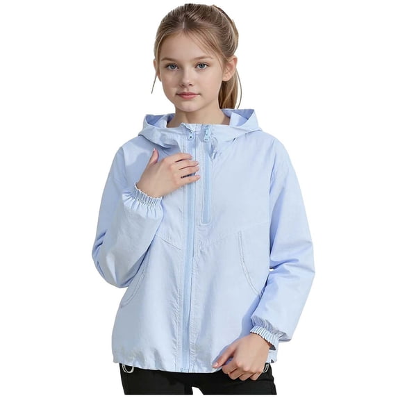 Girls Sun Protection Jacket Lightweight Water Resistant Windbreaker Hooded Nylon Spandex Blue 5-15 Years,Size 6-7 T