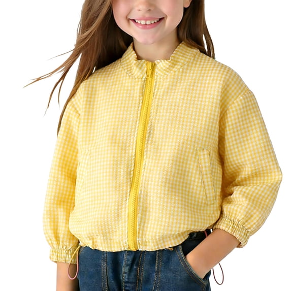 Girls Sun Protection Jackets Long Sleeve Front Zip Drawstring Plaid Outwear Lightweight Loose Coat With Pockets