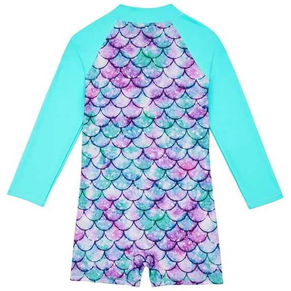 Girls Sun Protection Long Sleeve Flat Colorful Glitter Fish Scale Swimsuit Bathing Swimsuit with UPF