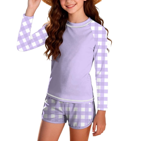 Girls Sun Protection Swimwear Tropical Print 2 Piece Quick Dry Swimsuit with Chest Pad Long Sleeve Rash Guard for 12-17 Years