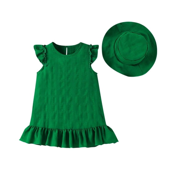 Girls Sundress Crew Neck Sleeveless Ruffled Hem Dresses Spring Summer Trendy Comfy Casual Outfits With Hat (4 Years, Green)