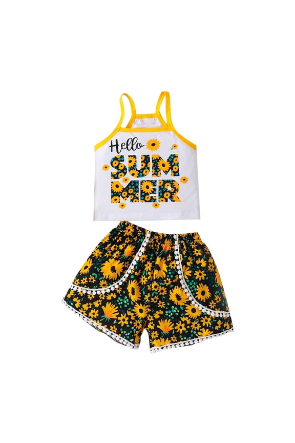 Girls Sunflower Outfits 2 Piece Sleeveless Cami Top and Tassels Shorts Set Beach Holiday Vacation Summer Clothes (2 Years, Yellow)