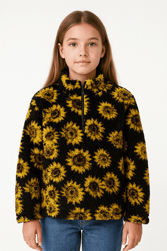 Girls Sunflower Print Fleece Quarter-Zip Pullover Sweater Size M (8/10) Cozy Warm Fall Top