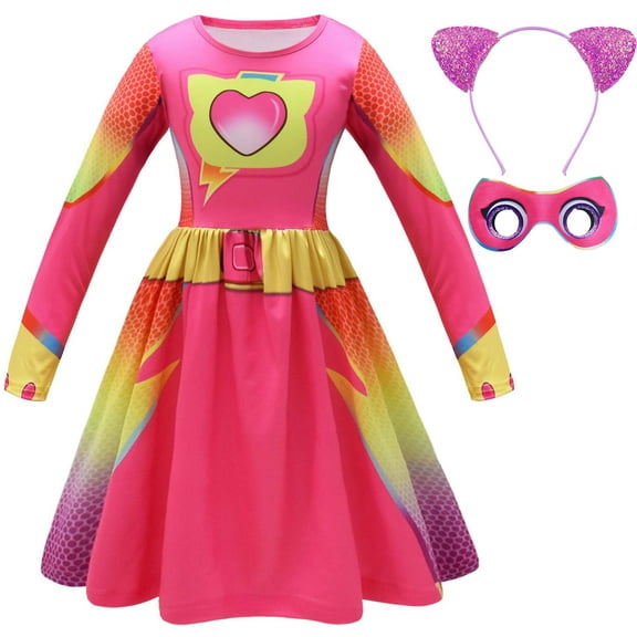 Girls Super Kittens Costume with Mask Headband Halloween Cat Cosplay Outfit with Mask Headband Up for 5-6 Year