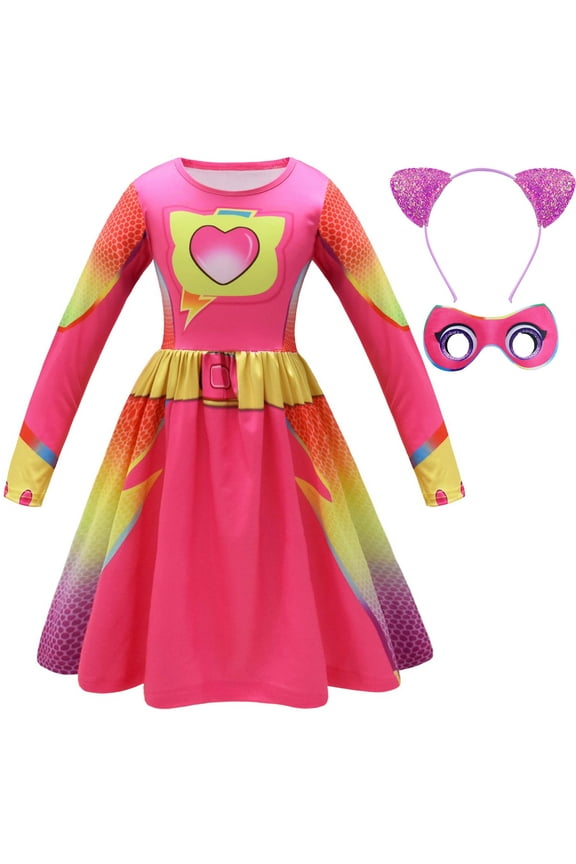 Girls Super Kittens Costume with Mask Headband Halloween Cat Cosplay Outfit with Mask Headband Up for 5-6 Year