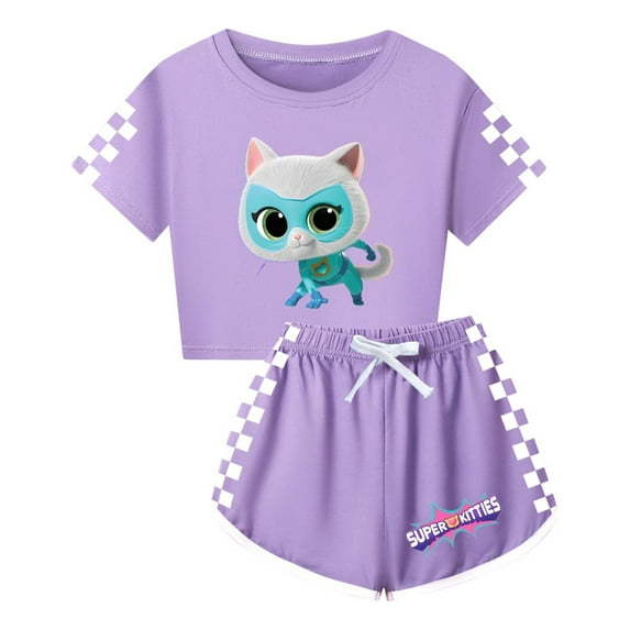 Girls Super Kitties 2-Piece Clothing Set – Cute Cropped T-Shirt and Shorts – Kids Casual Summer Wear