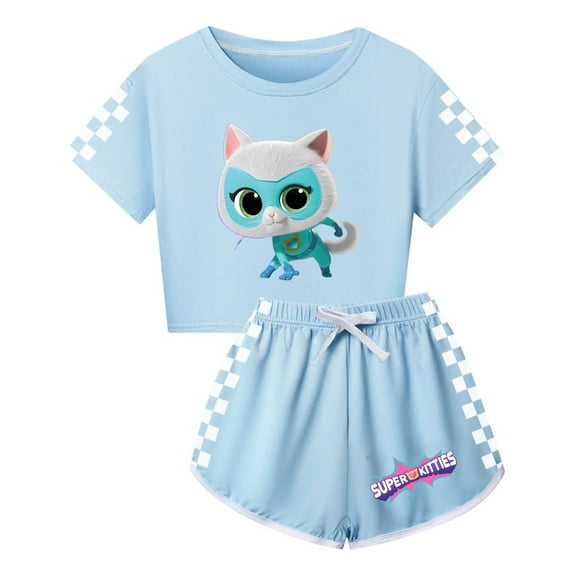 Girls Super Kitties 2-Piece Clothing Set – Cute Cropped T-Shirt and Shorts – Kids Casual Summer Wear