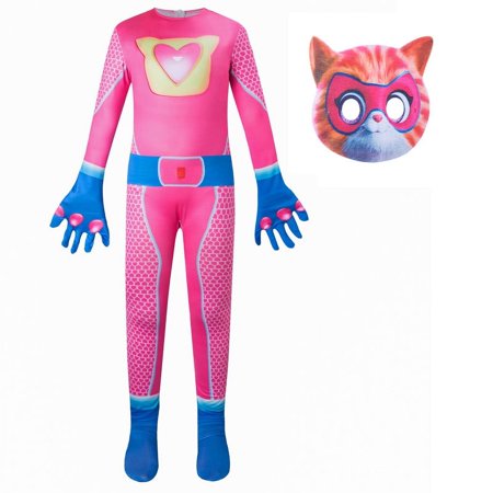 Girls Super Kitties Costume, Kitty Bodysuit Jumpsuit with Cat Mask Cosplay Outfit for Kids Heroes