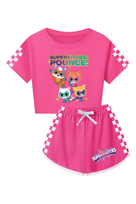 Girls SuperKitties Crop Top Set – Kids Lightweight 2-Piece Summer Outfit with Shorts
