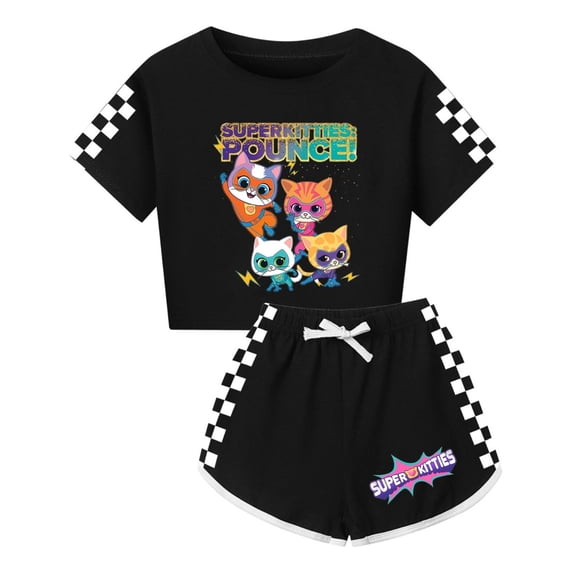 Girls SuperKitties Crop Top Set – Kids Lightweight 2-Piece Summer Outfit with Shorts