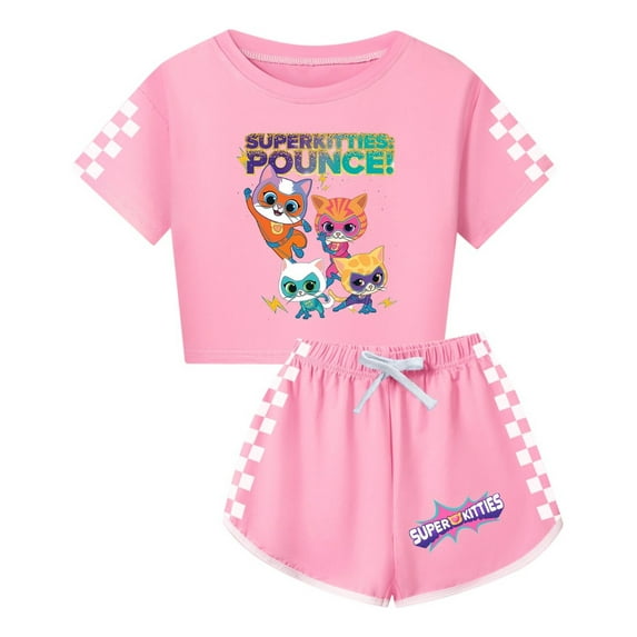 Girls SuperKitties Crop Top Set – Kids Lightweight 2-Piece Summer Outfit with Shorts