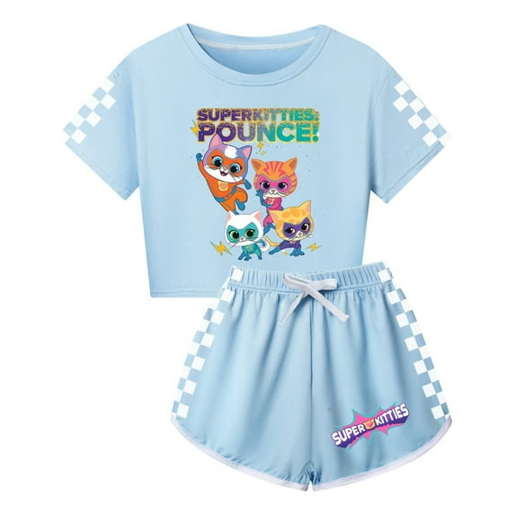 Girls SuperKitties Crop Top Set – Kids Lightweight 2-Piece Summer Outfit with Shorts