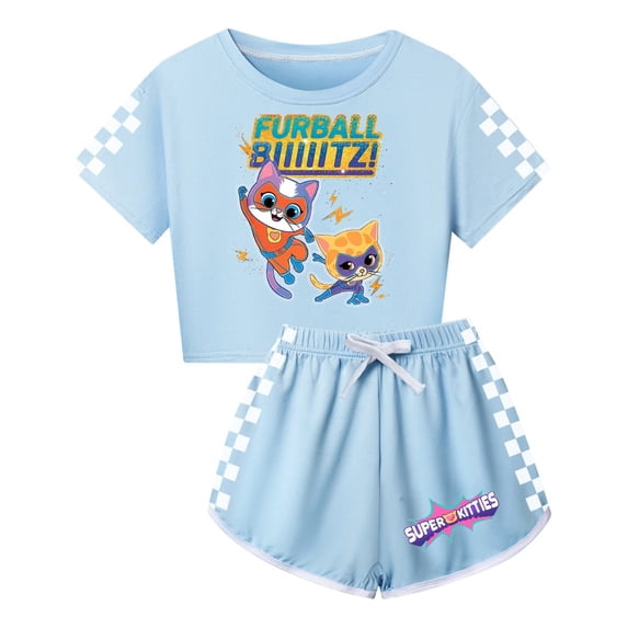 Girls SuperKitties Set – Cropped Top and Comfy Shorts – Kids Fun Summer Cartoon Cat Clothing