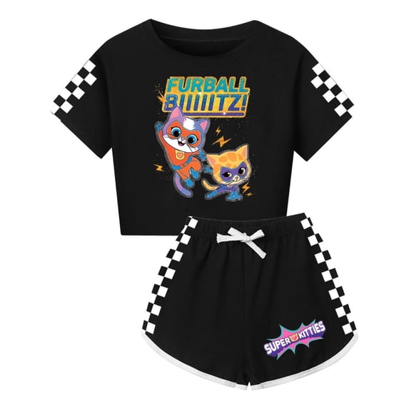 Girls SuperKitties Set – Cropped Top and Comfy Shorts – Kids Fun Summer Cartoon Cat Clothing
