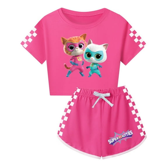 Girls SuperKitties Summer Set – 2-Piece Outfit with Cropped Shirt and Shorts for Children