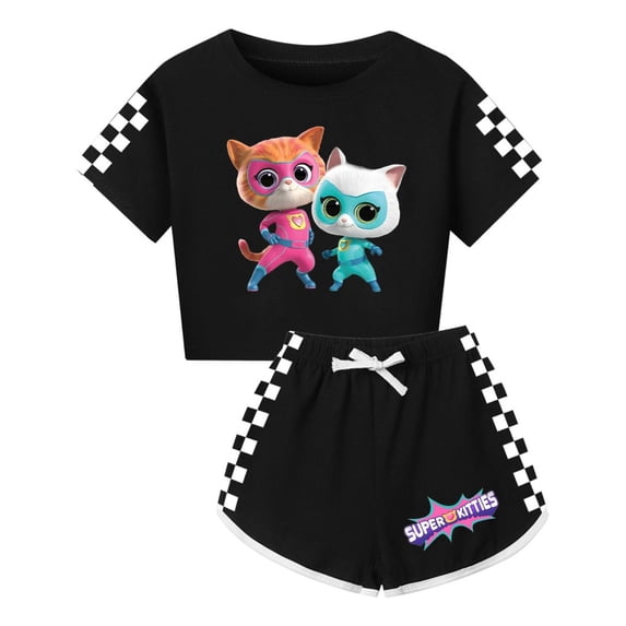 Girls SuperKitties Summer Set – 2-Piece Outfit with Cropped Shirt and Shorts for Children