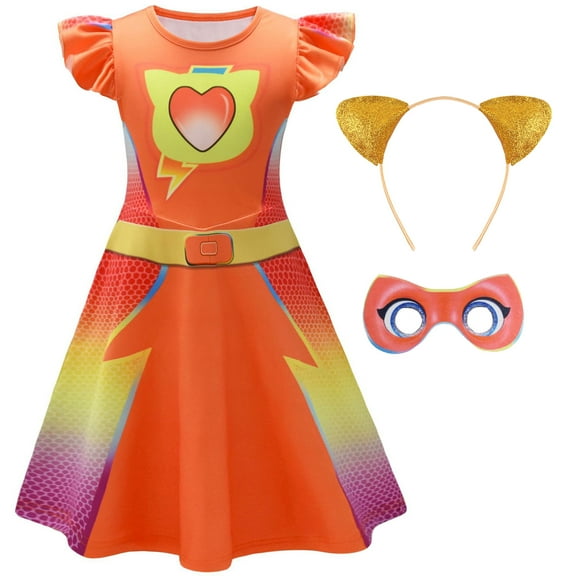 Girls Superhero Cat Cosplay Costume with Mask Headband Short Sleeve Halloween Outfits