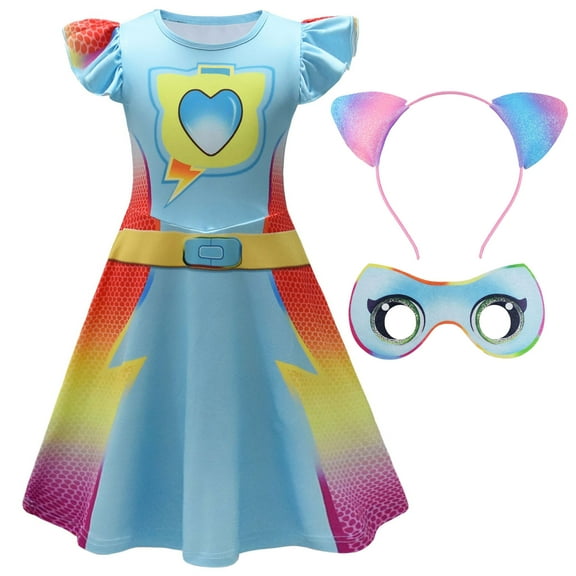 Girls Superhero Cat Cosplay Costume with Mask Headband Short Sleeve Halloween Outfits