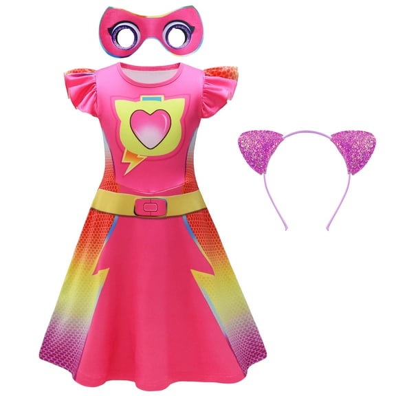 Girls Superhero Cat Costume Dress Cat Ears Headbands and Mask, Size for 6-7