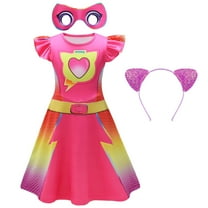 Girls Superhero Cat Costume Dress Cat Ears Headbands and Mask, Size for 6-7