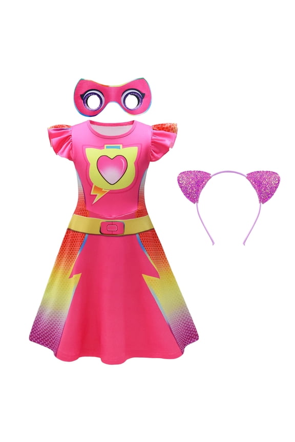 Girls Superhero Cat Costume Dress Cat Ears Headbands and Mask, Size for 6-7