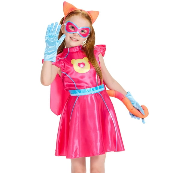Girls Superhero Costume with Cape, Pink Kitties Fancy Dress Accessories Cat Headband Tail Gloves Outfit for Kids Hallloween