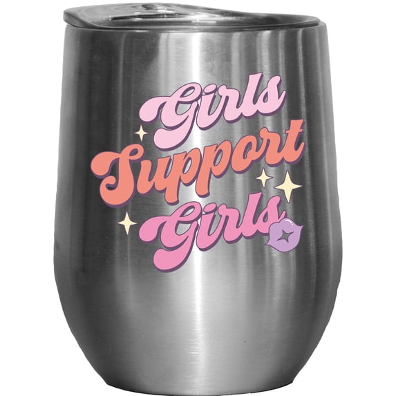 Girls Support Girls, Retro Women Empowerment Art Merch Gift, Stainless Steel 12oz Wine Tumbler