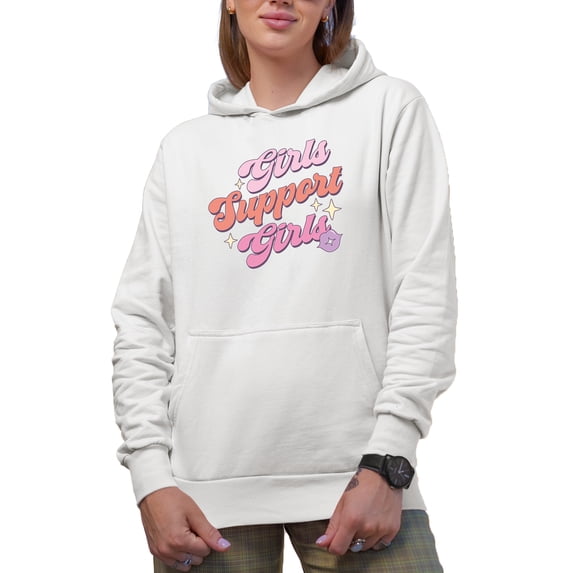 Girls Support Girls, Retro Women Empowerment Art Merch Gift, White Hooded Sweatshirt or Hoodie, Medium