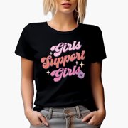 Girls Support Girls, Retro Women Empowerment Gift, Black T-Shirt, Small