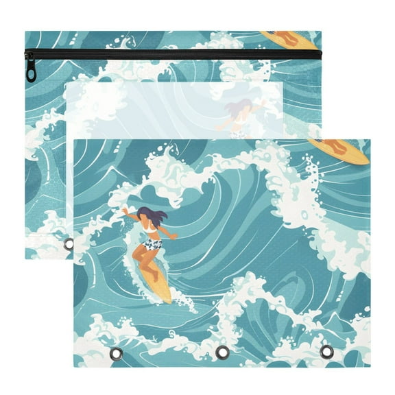 Girls Surfing on Waves in Ocean 3-Ring Binder Pouches A4 Size Zipper Pocket File Storage 2 Packs