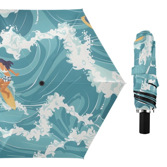 Girls Surfing on Waves in Ocean All Weather Umbrella Triple Folding Parasol 6 Ribs UV Protection Portable