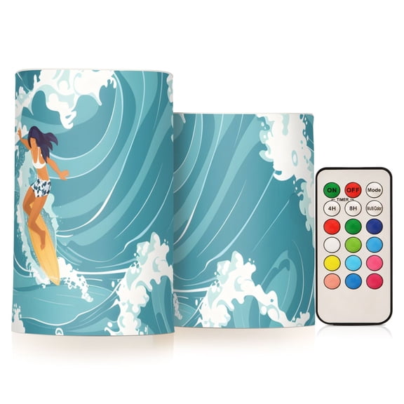 Girls Surfing on Waves in Ocean Flickering Flameless Candles LED Tealight Battery Operated with Remote Set of 2 Holiday Decor Ornaments