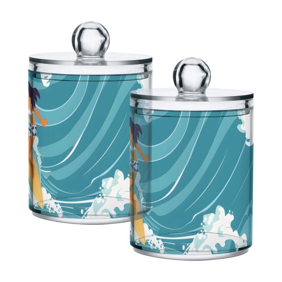 Girls Surfing on Waves in Ocean Translucent Plastic Cans Storage Canisters with Lid Set of 2