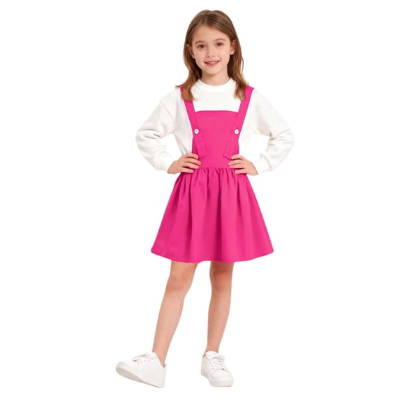 Girls Suspender Skater Skirt Stretchy Cotton Flared Overall Dress Hot Pink 11-12 Years